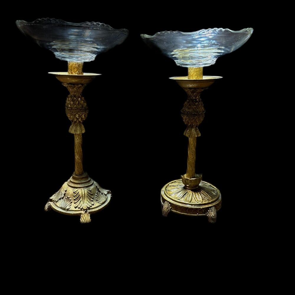 Pair Of Vintage MCM Gold Tone Resin Glass Pineapple Candle Holders/ Compote